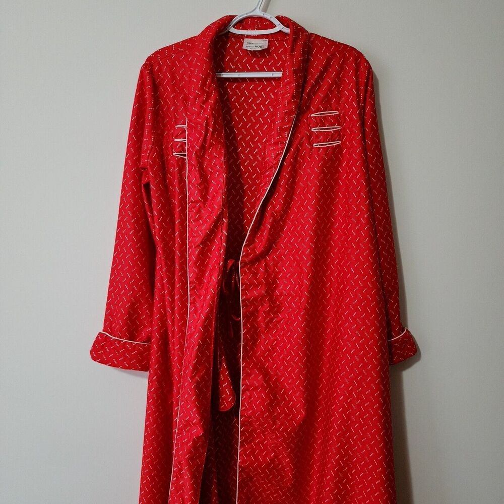 Vintage JCPenney Misses Long Robe Red White Cotton Satin Belted Women's L EUC - Picture 3 of 8